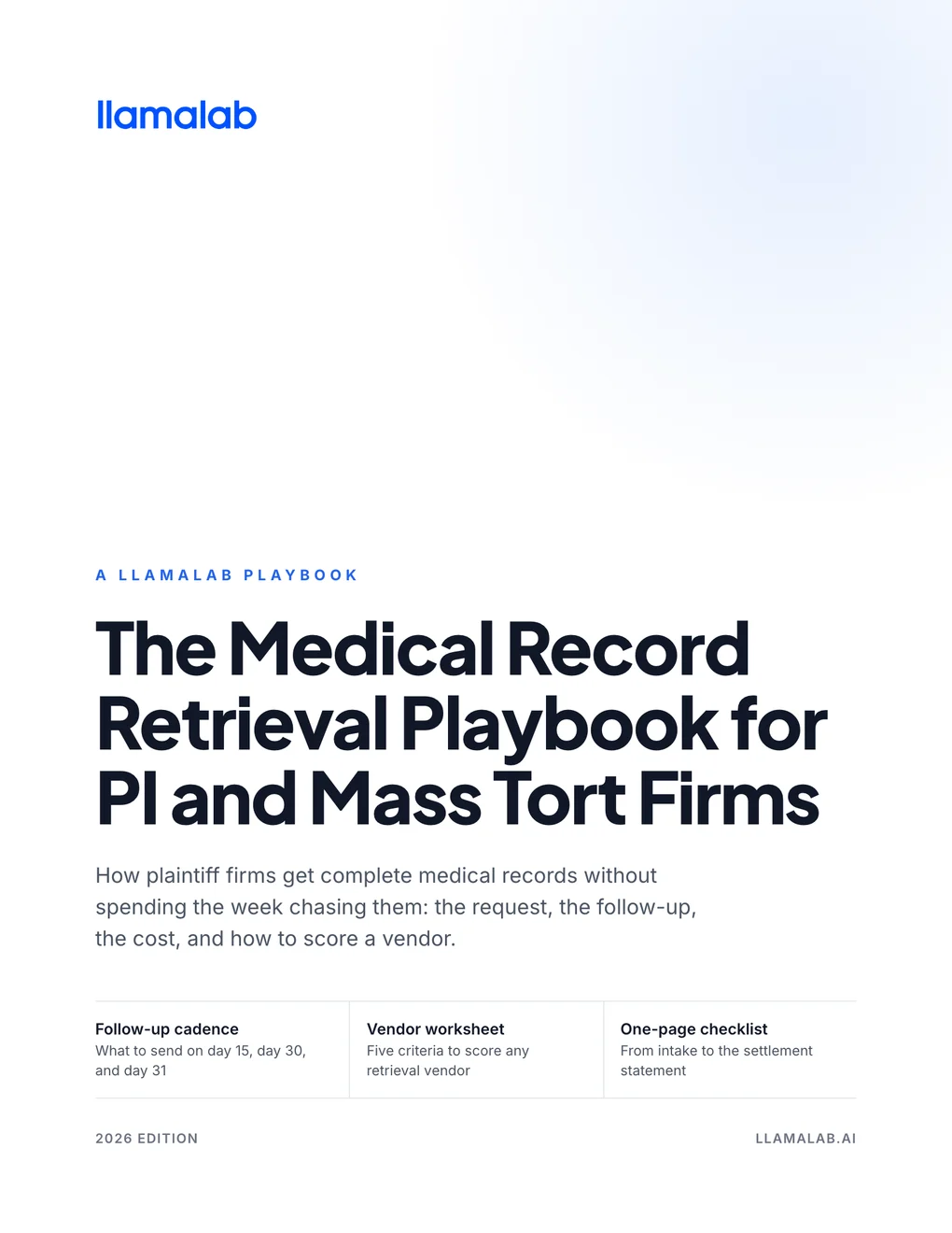 Cover of The Medical Record Retrieval Playbook for PI and Mass Tort Firms, a LlamaLab playbook